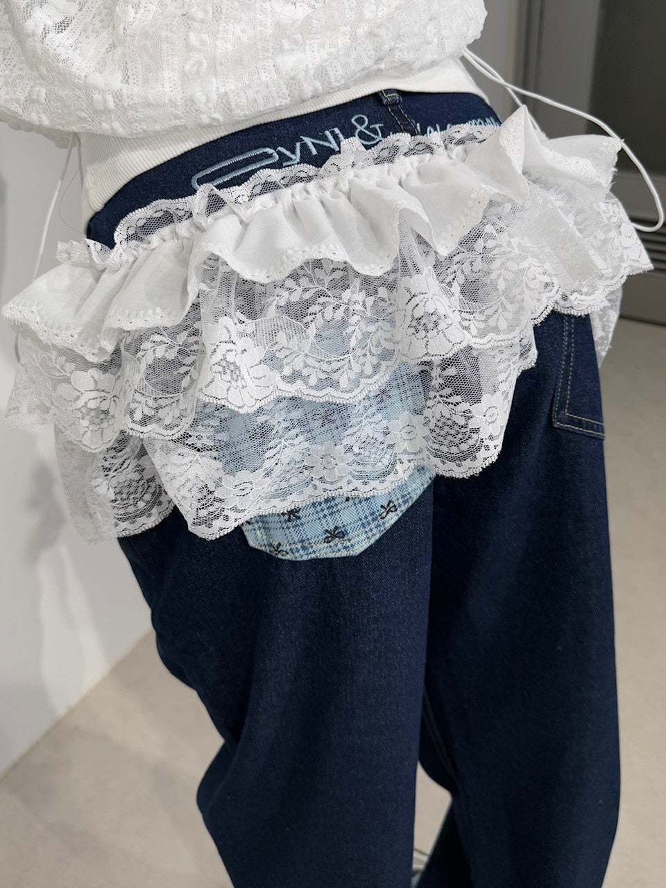 国際配送【Nerd out XU】design check wide denim pants