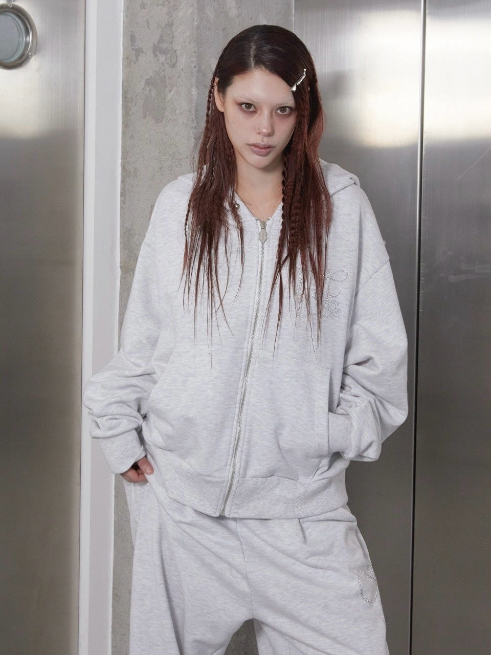 【HOLY NUMBER 7】OVERFIT HIP HOP MOVE CUBIC LETTERING HOODIE ZIP-UP