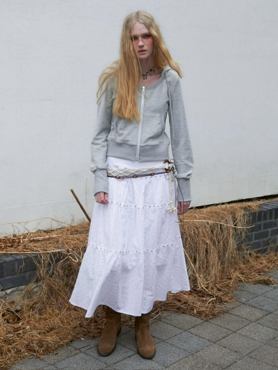 【NOT KNOWING】U Neck Stripe Hood Zip Up