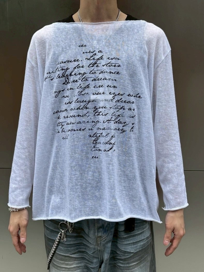 受注制【nmtc +】see through lettering long sleeve (3color) / 【エヌエムティーシープラス】シースルーレタリングプリント長袖Tシャツ