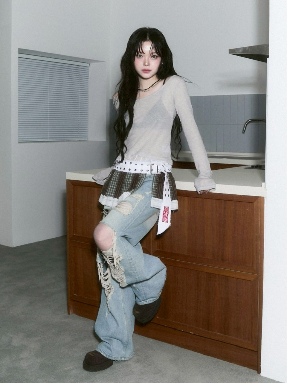 【CHERRYQUIRI】sheer layered unbal sleeve / 【チェリーキュリー】シアーレイヤードアンバランス長袖トップス