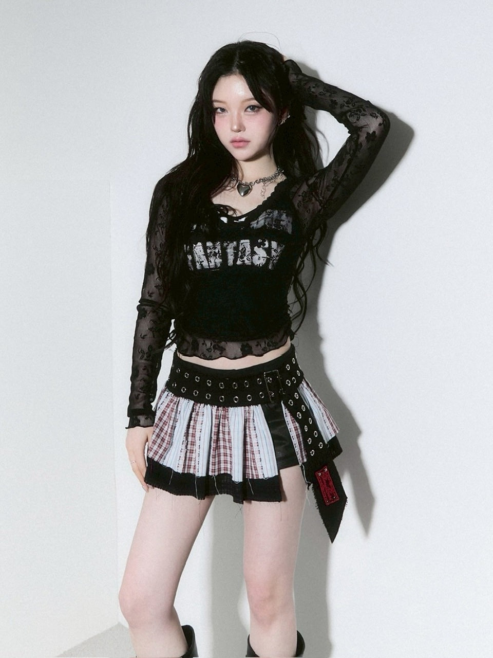 【CHERRYQUIRI】seethrough v neck shirring sleeve