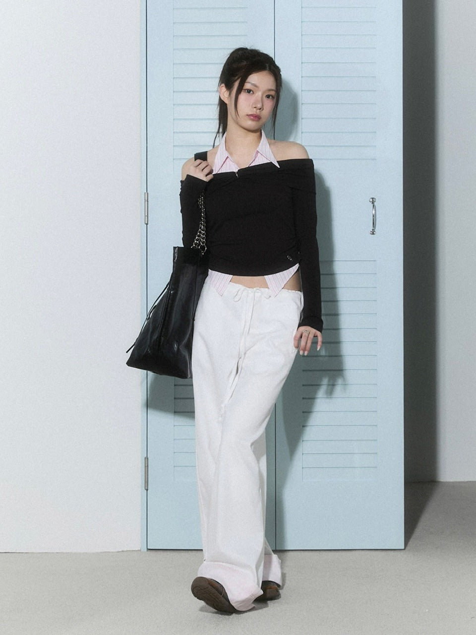 【CHERRYQUIRI】shirts layered off shoulder top