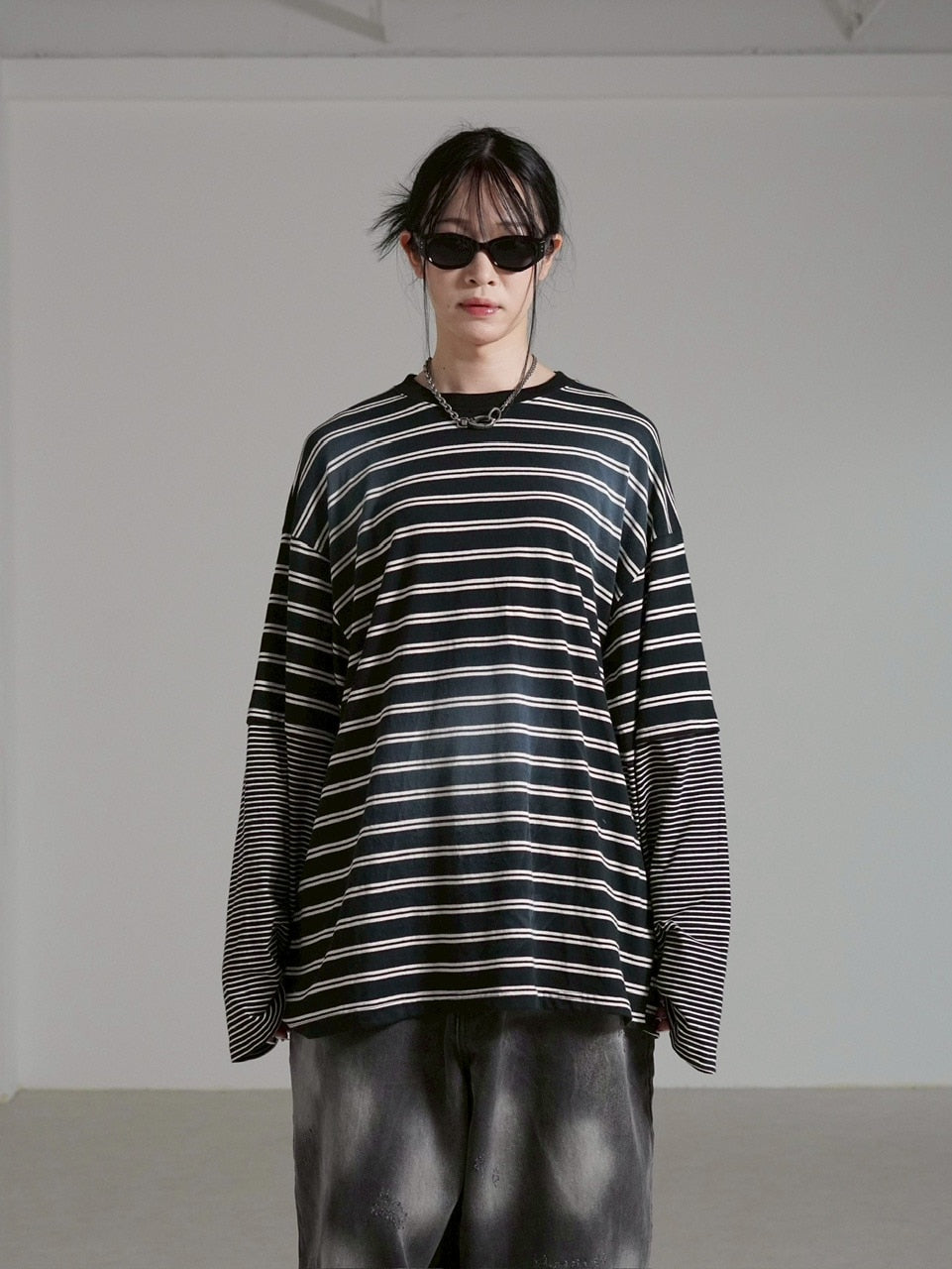 【Chikashitsu +】oversized layered border washed long sleeve / 【チカシツプラス】オーバーサイズウォッシュドレイヤードボーダー長袖Tシャツ(2color)