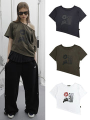 【HOLY NUMBER 7】OFF-SHOULDER PUNK GRAPHICS SHORT-SLEEVED T-SHIRT / 【ホーリーナンバーセブン】オフショルダープリント半袖Tシャツ