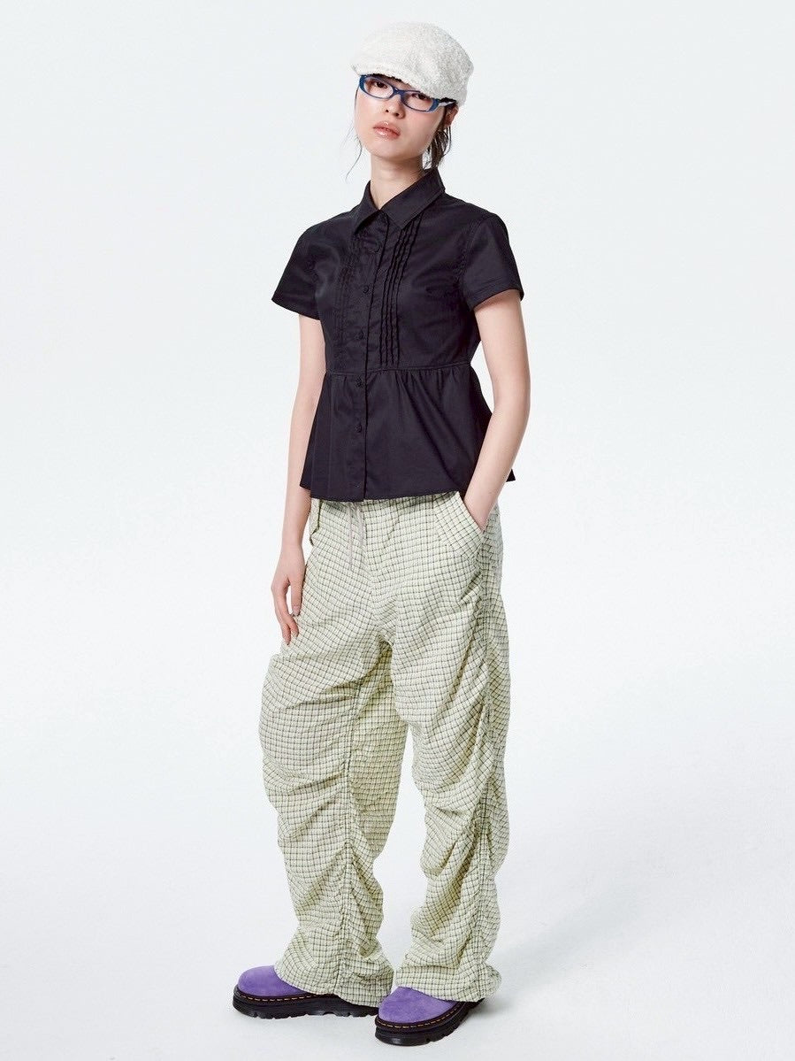 【runningHIGH】CHECK SHIRRING PARACHUTE PANTS