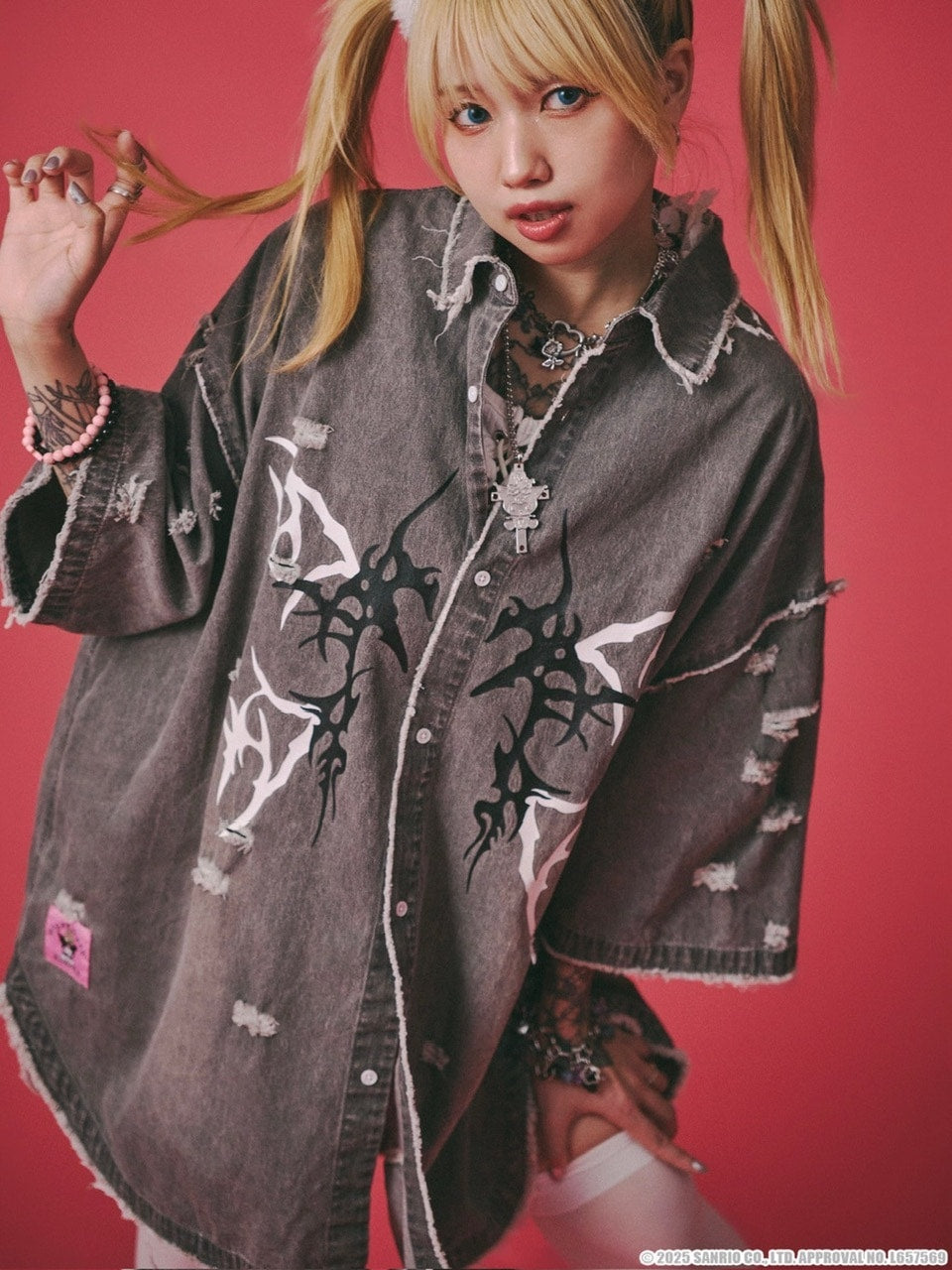 【GALFY×KUROMI】イルガルフィーボロボロデニム半袖BIGシャツ