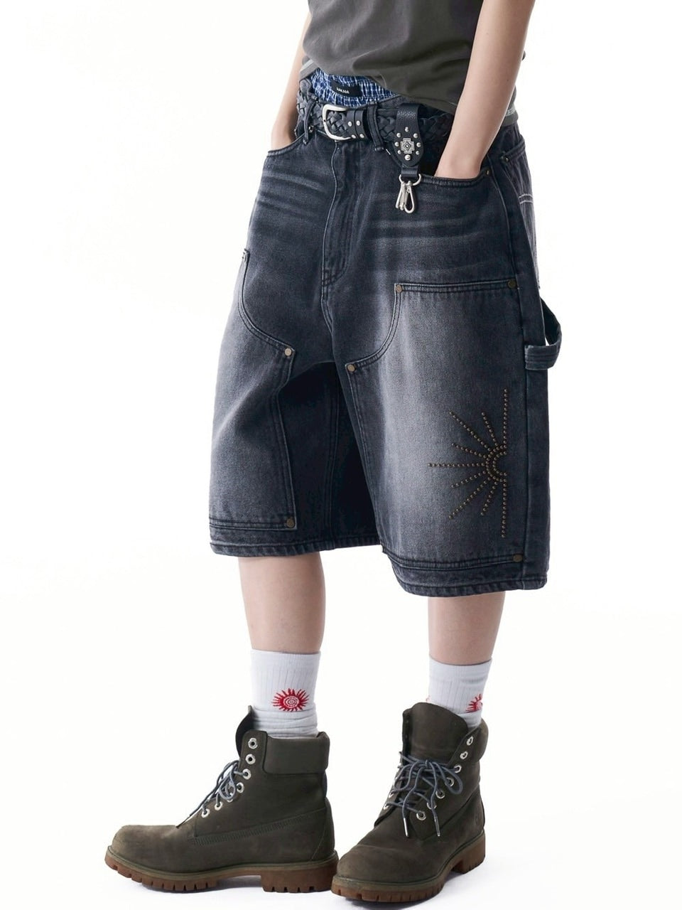 【AAKAM】Washed Double Knee Bermuda Denim Pants