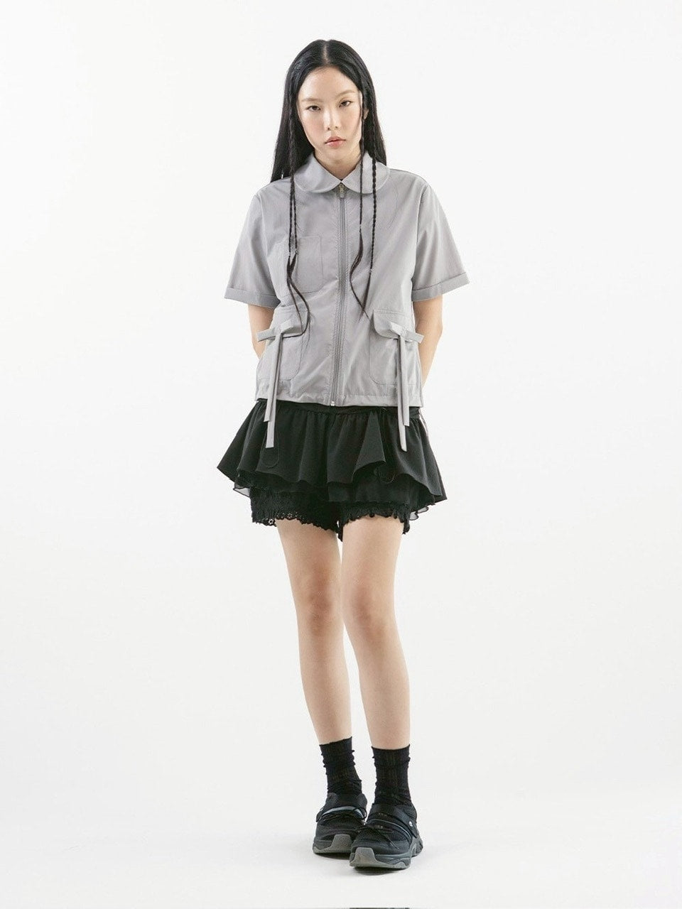 【TUOMIO】ROUND COLLAR NYLON ZIP-UP / 【トゥオミオ】ラウンドカラーナイロン半袖シャツジャケット