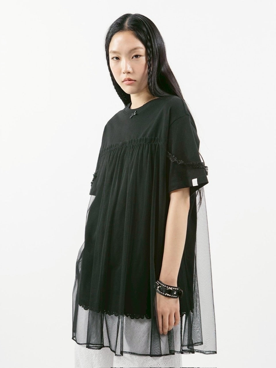 【TUOMIO】MESH LAYERED LACE T-SHIRT / 【トゥオミオ】メッシュレイヤードレース半袖Tシャツ