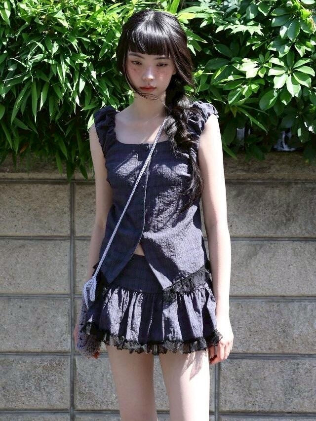 【Uglyshadow】CHECK SHIRRING SKIRT / 【アグリーシャドウ】チェックシャーリングミニスカート