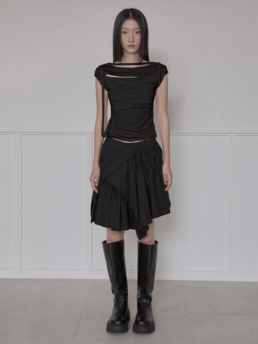 【FLAREUP】Asymmetrical Draped Strap Roll-Up T-Shirt