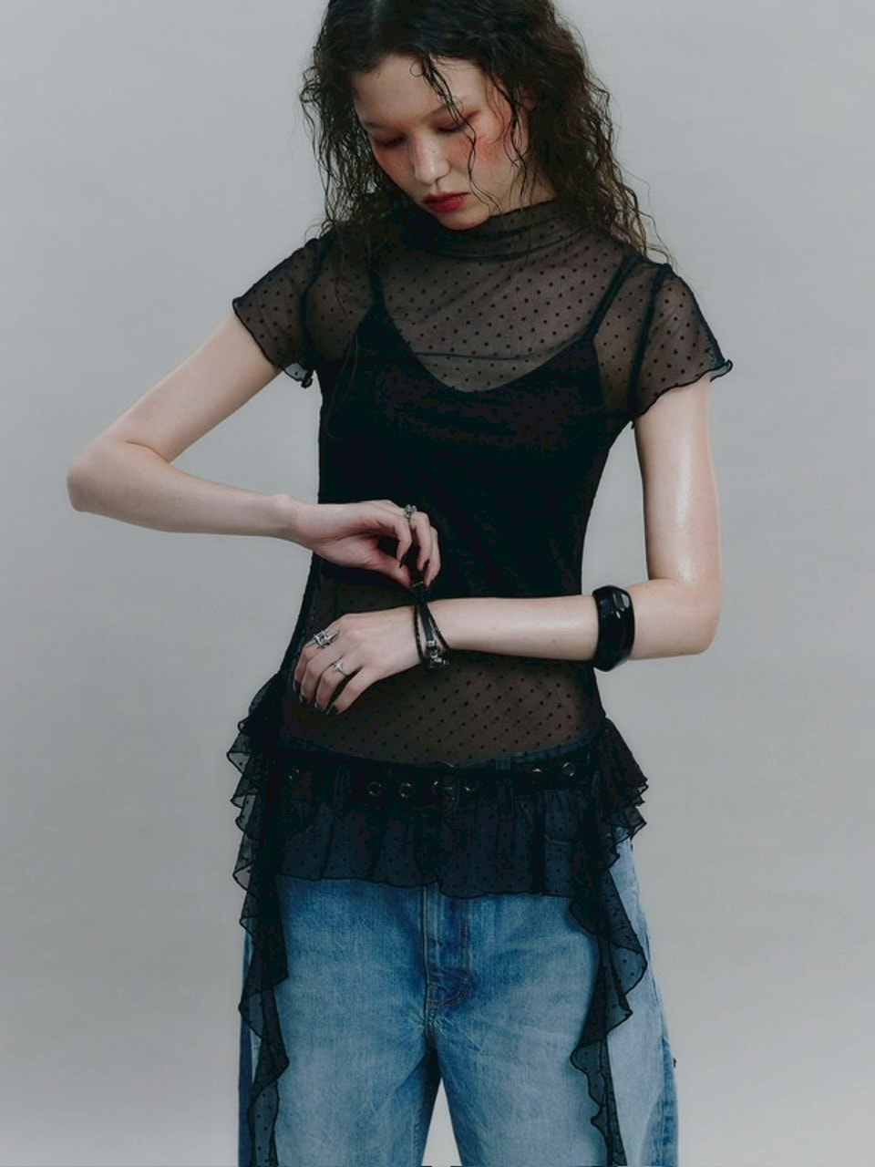 【NOT KNOWING】Dot Mesh Ruffle Top / 【ノットノーイング】ドットメッシュラッフル半袖Tシャツ