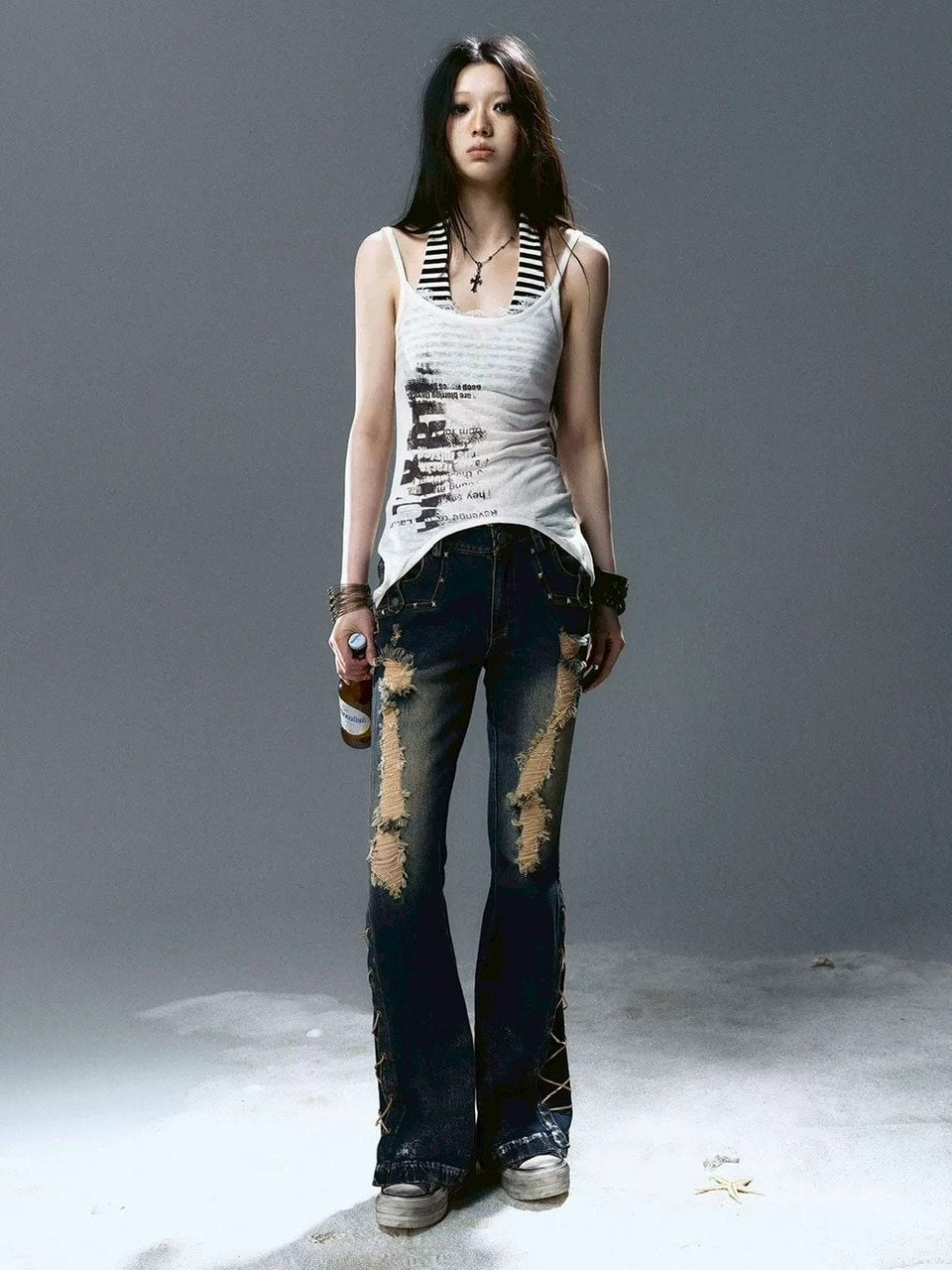 【Cest Nous】Graffiti Tank Top / 【セヌー】2wayグラフィックボーダーレイヤードタンクトップ