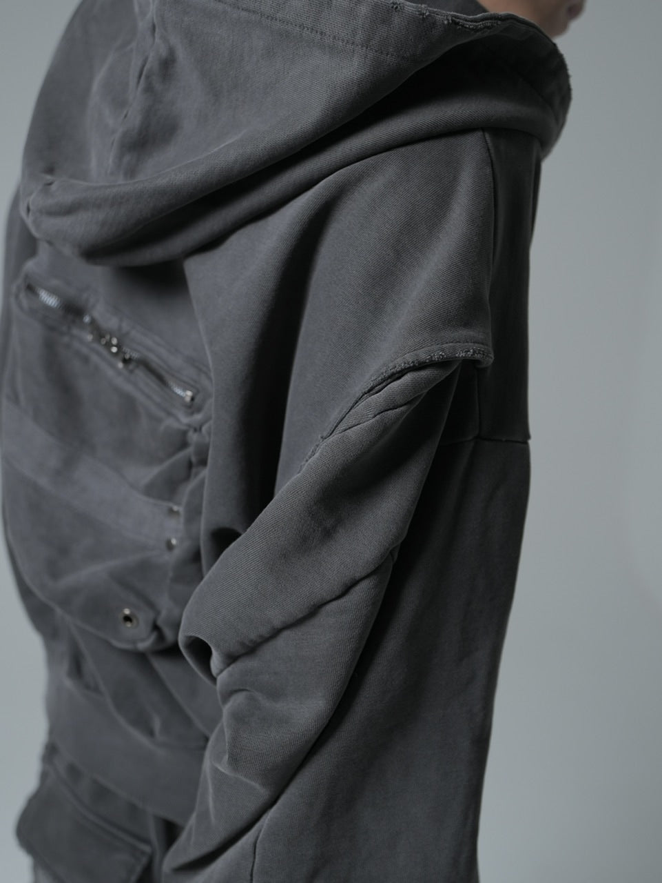 【CHIKASHITSU PLUS HIGH】cropped dirty wash double zip hoodie (charcoal) / 【チカシツプラスハイ】クロップドダーティーウォッシュダブルジップパーカー