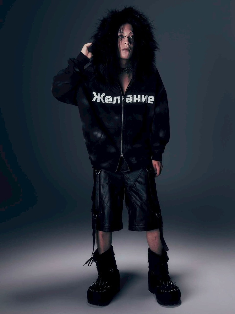 【DIG YOUR OWN GRAVE】Желание FUR HOODIE /【ディグユアオウングレイブ】ファーフードフードジェラーニエロゴジップアップパーカー