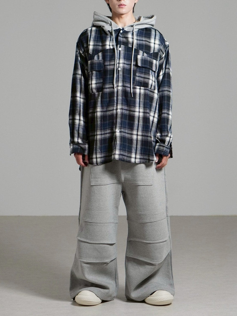 受注制【Chikashitsu +】hood mix check hoodie / 【チカシツプラス】フードミックスチェックパーカー (3color)