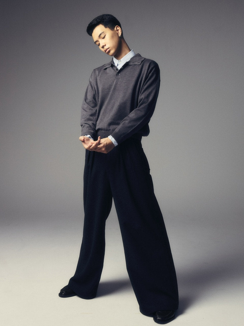 【CS】wool touch knit polo (charcoal) / 【シーエス】ウールタッチニットポロ