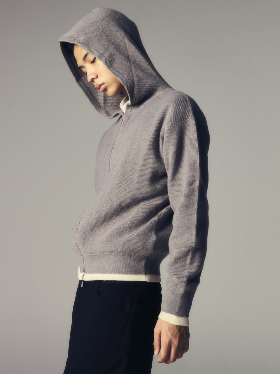 【CS】layered knit zip hoodie (gray) / 【シーエス】レイヤードニットジップフーディー