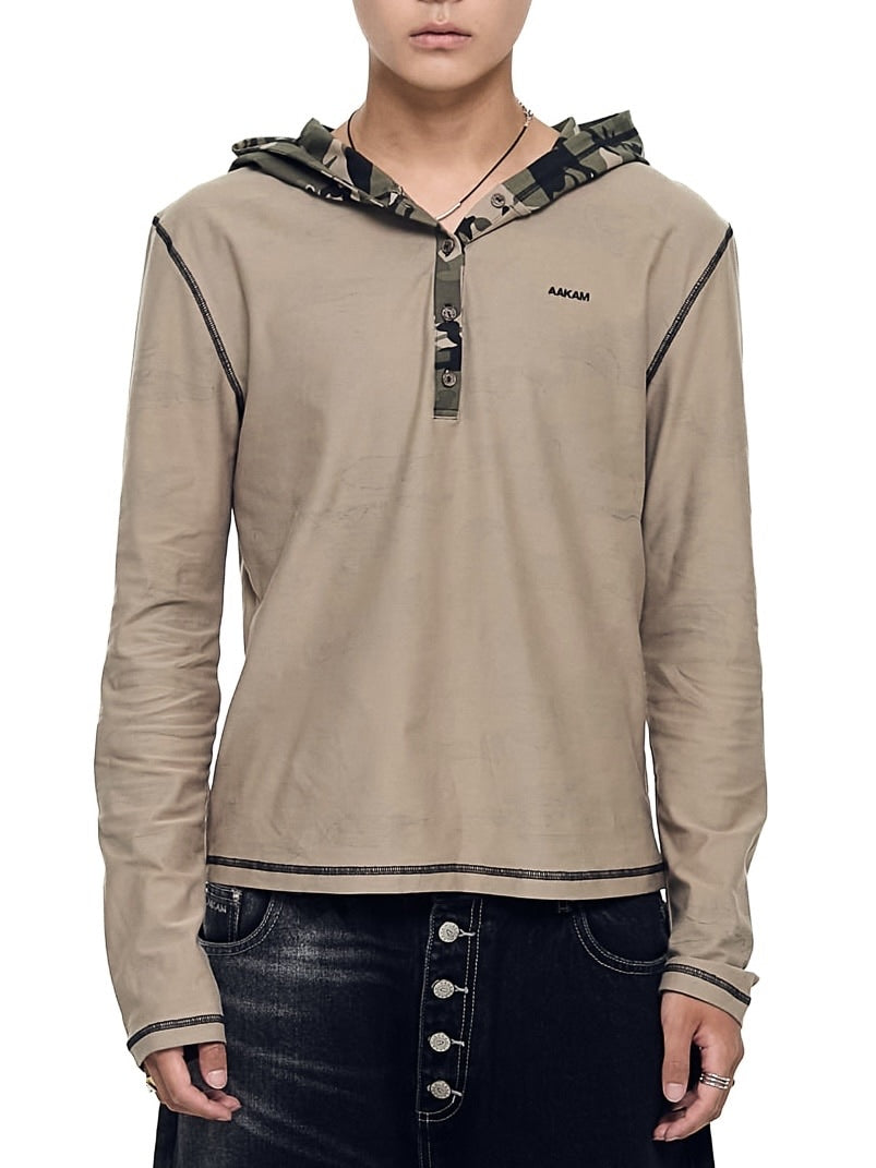 【AAKAM】Camo Contrast Hooded Long Sleeve