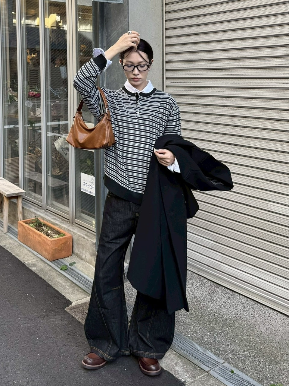 受注制【Chikashitsu +】cropped henry neck border knit / 【チカシツプラス】クロップドヘンリーネックボーダーニット (3color)