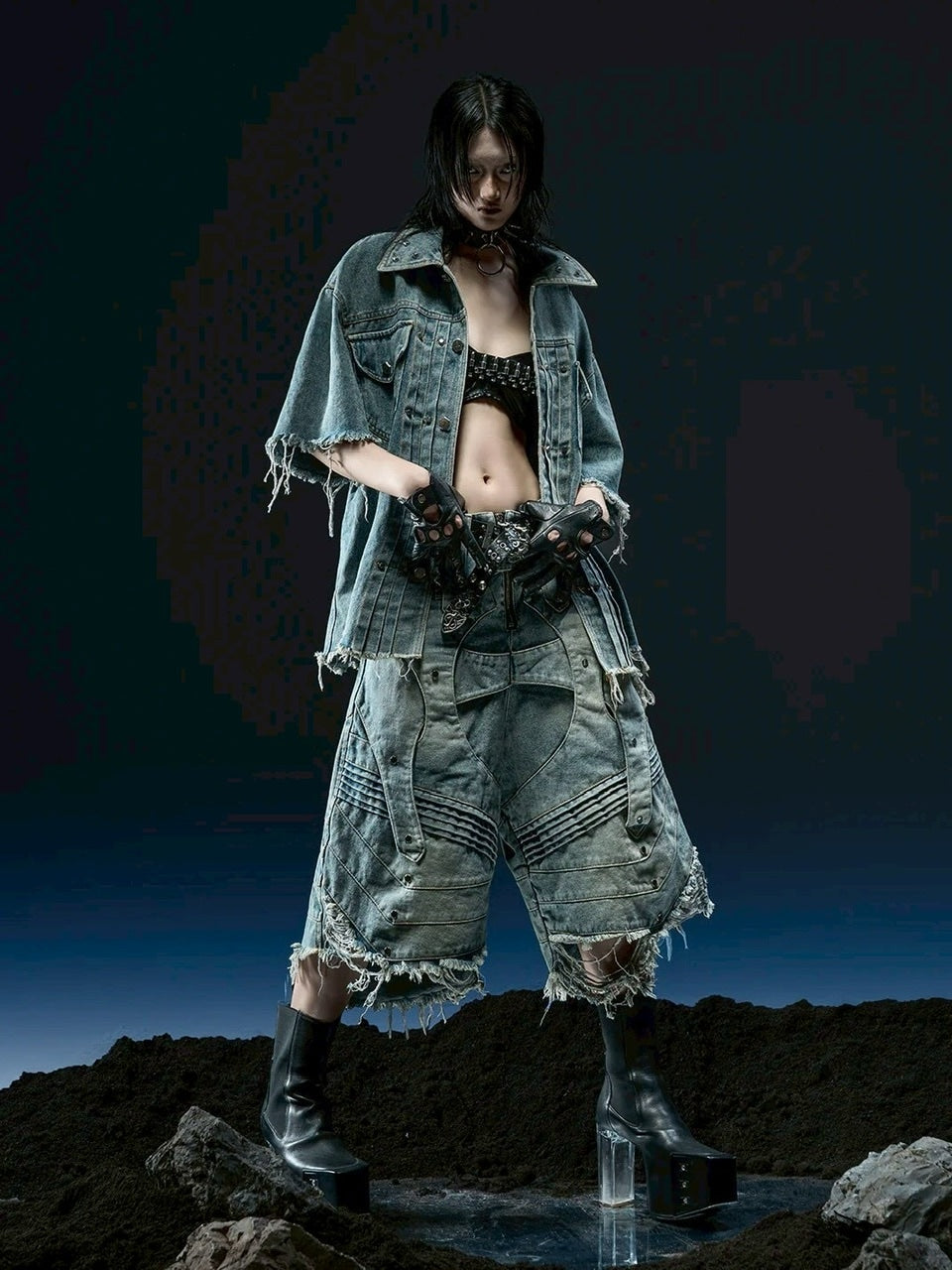 1/2 20:00再販【RICH】Knight Wide Waxed Shirt / 【リッチ】クロスバック半袖デニムシャツ