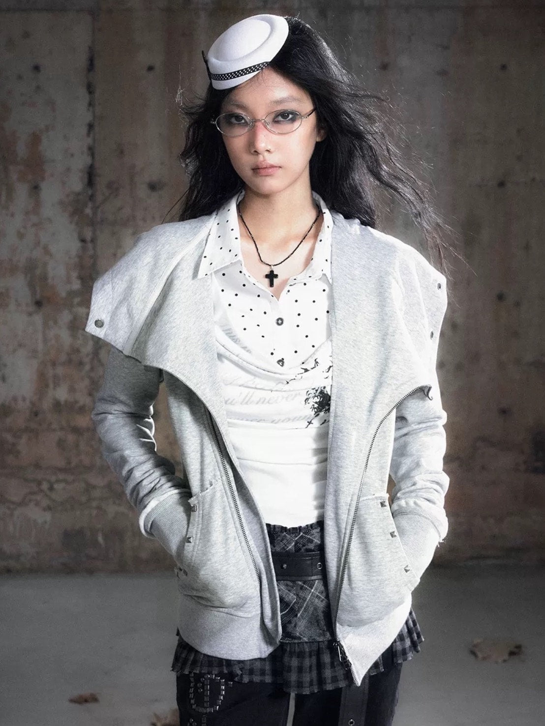 【Cest Nous】Studded Hoodie / 【セヌー】オープンカラースタッズジップパーカー