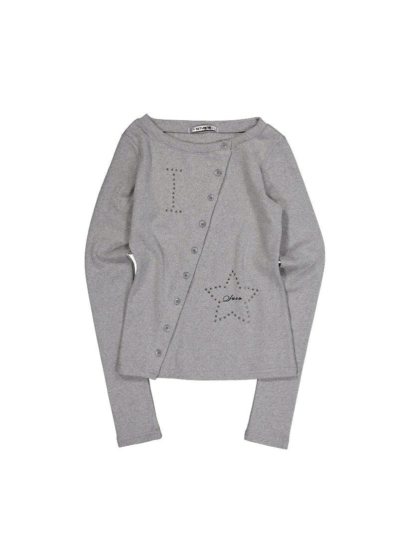 【SETUP‐EXE】STAR BUTTON TOP / 【セットアップエグゼ】ラインストーンボタン長袖Tシャツ