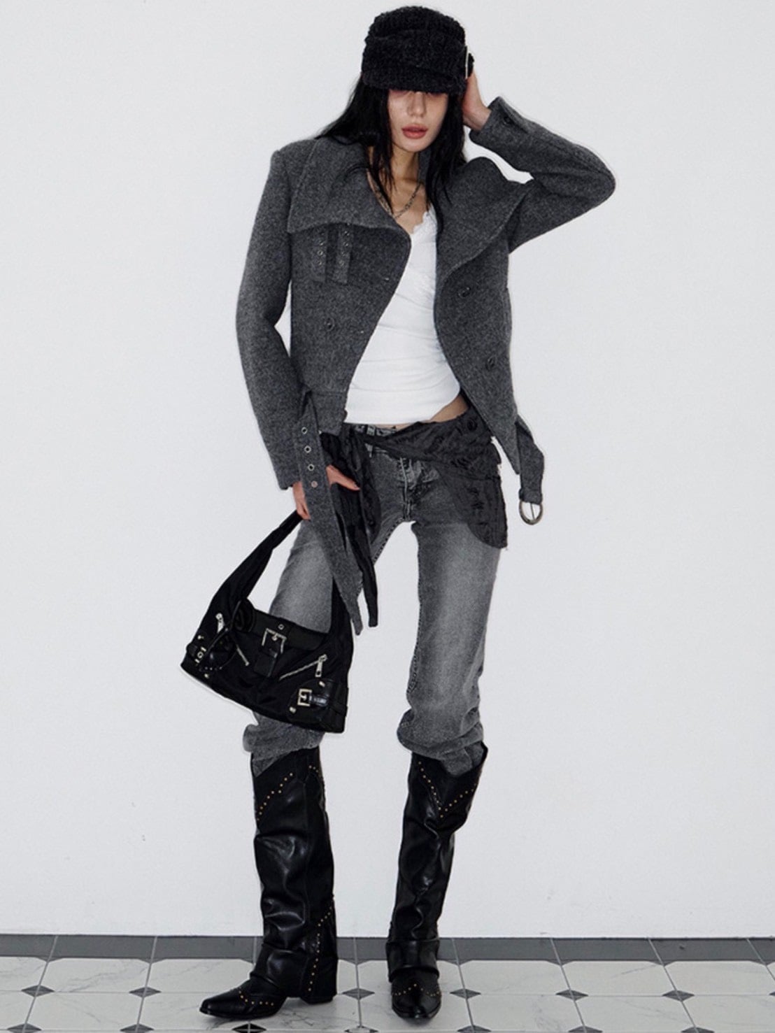 【NOT KNOWING】Double Belted High-Neck Coat