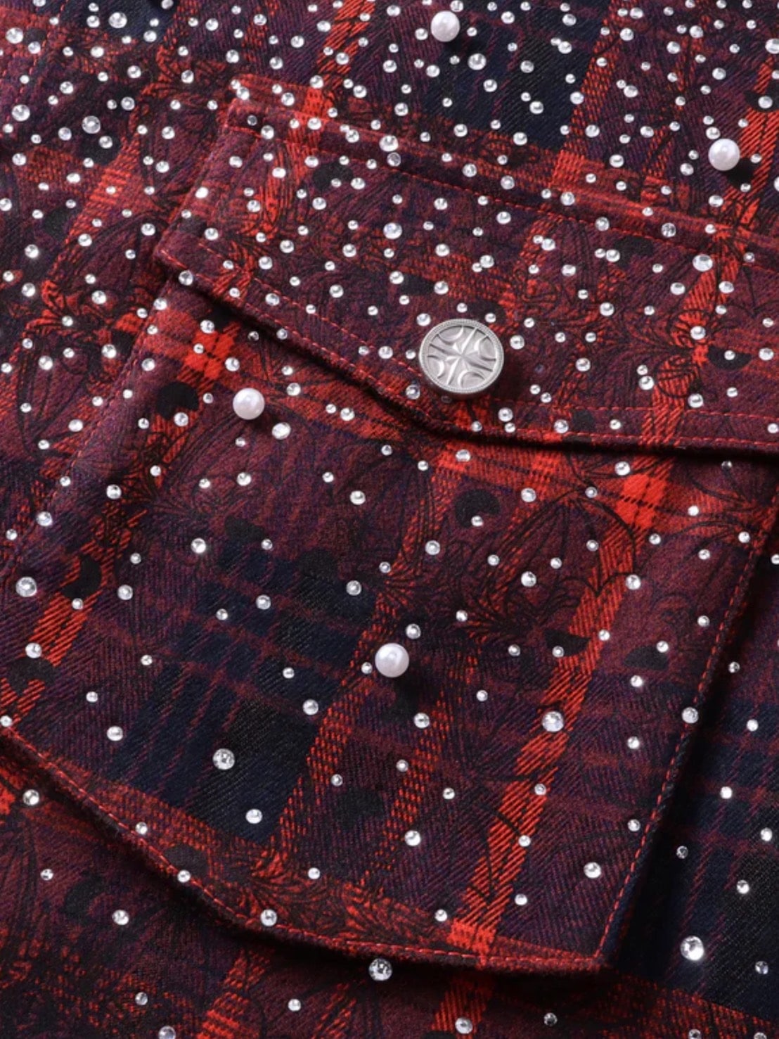 【The Boy Has No Patience】TBHNP LUMINOUS DAWN RHINESTONE PEARL BAT PATTERN L-S SHIRT / 【ザボーイハズノーペーシェンス】ラインストーンチェックシャツ