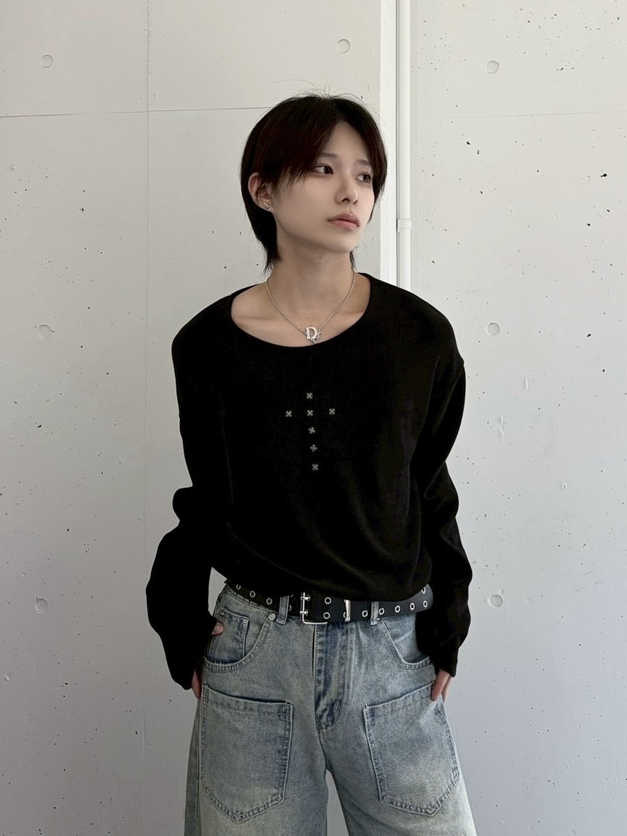 受注制【LUV CODE】cross rivet long sleeve tee (3color)