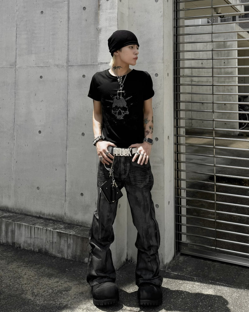 国際配送【Never mind the XU】vintage waxed flare denim pants