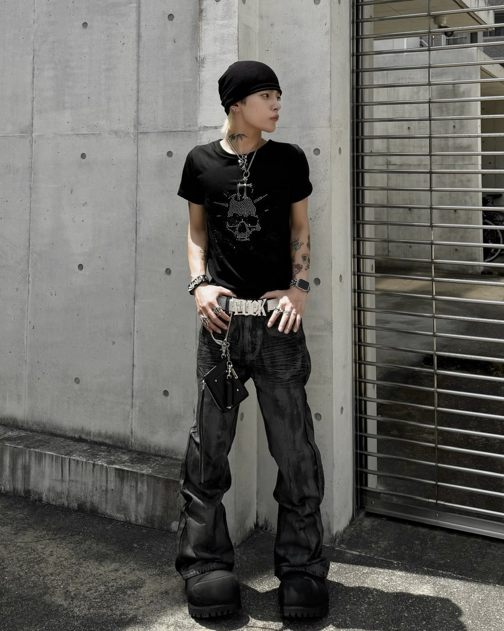 国際配送【Never mind the XU】vintage waxed flare denim pants