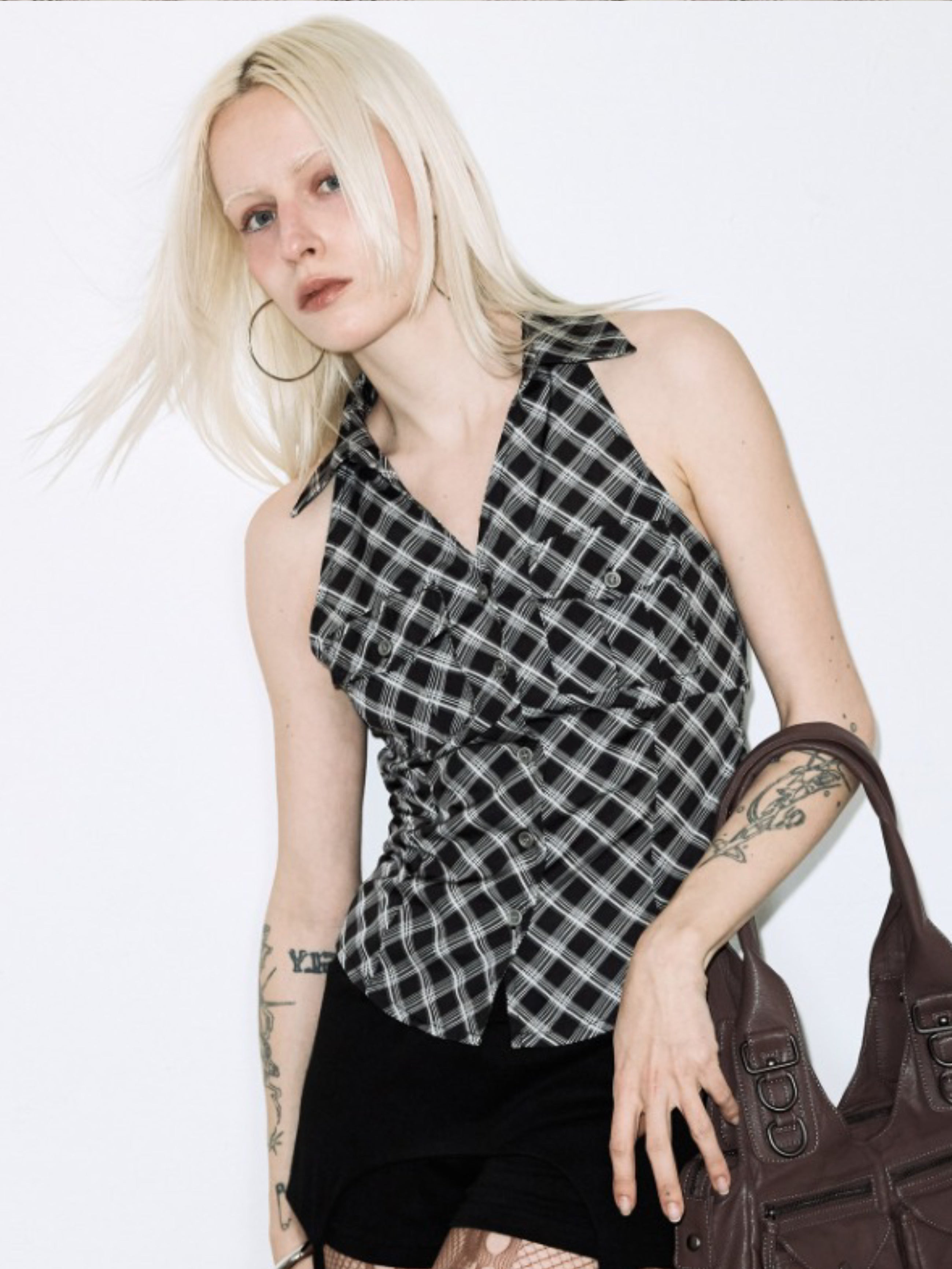 【FANCY CLUB】POCKET CHECK HALTERNECK TOP