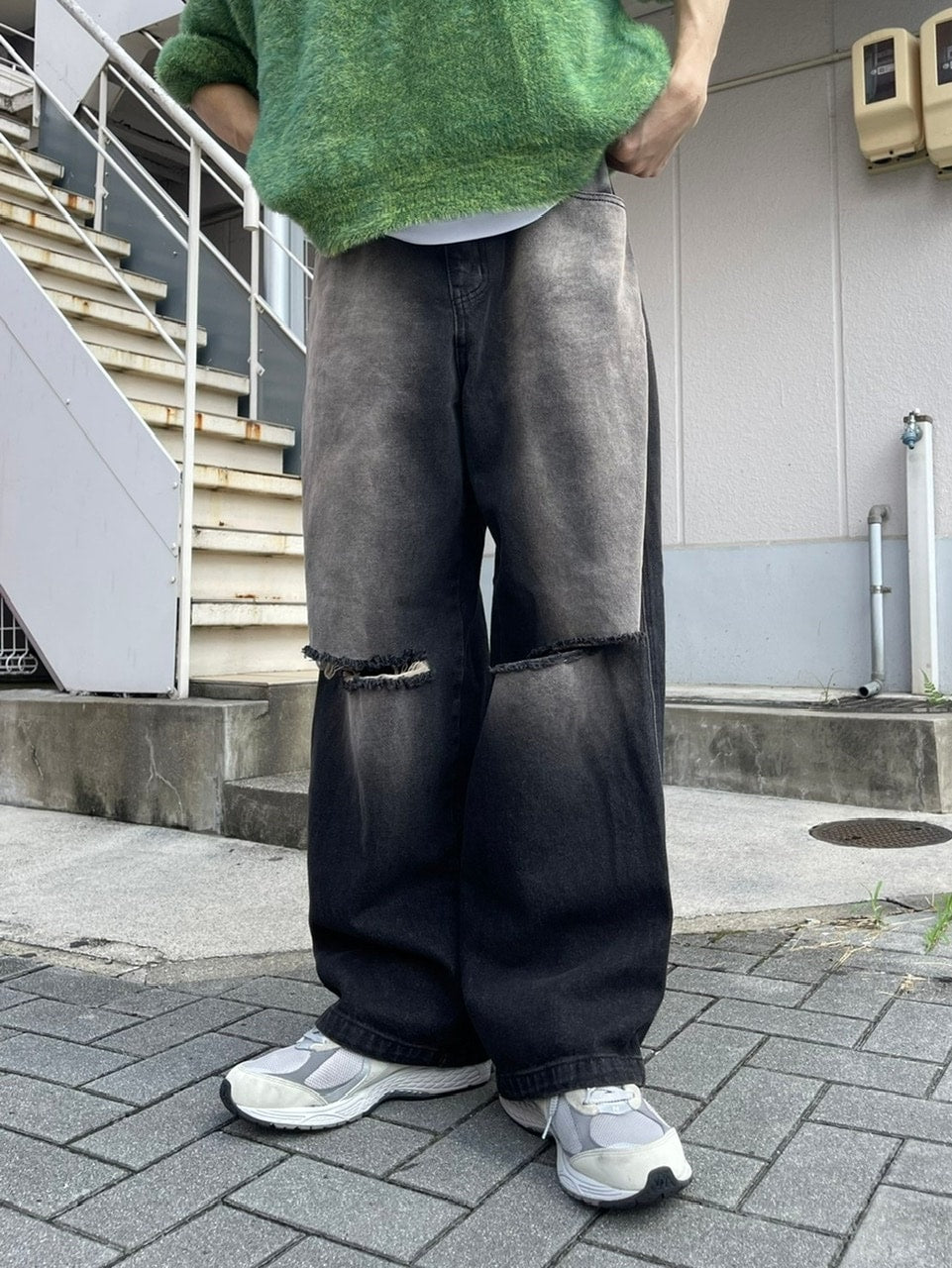 受注制【Chikashitsu +】vintage wash damage denim pants (2color)