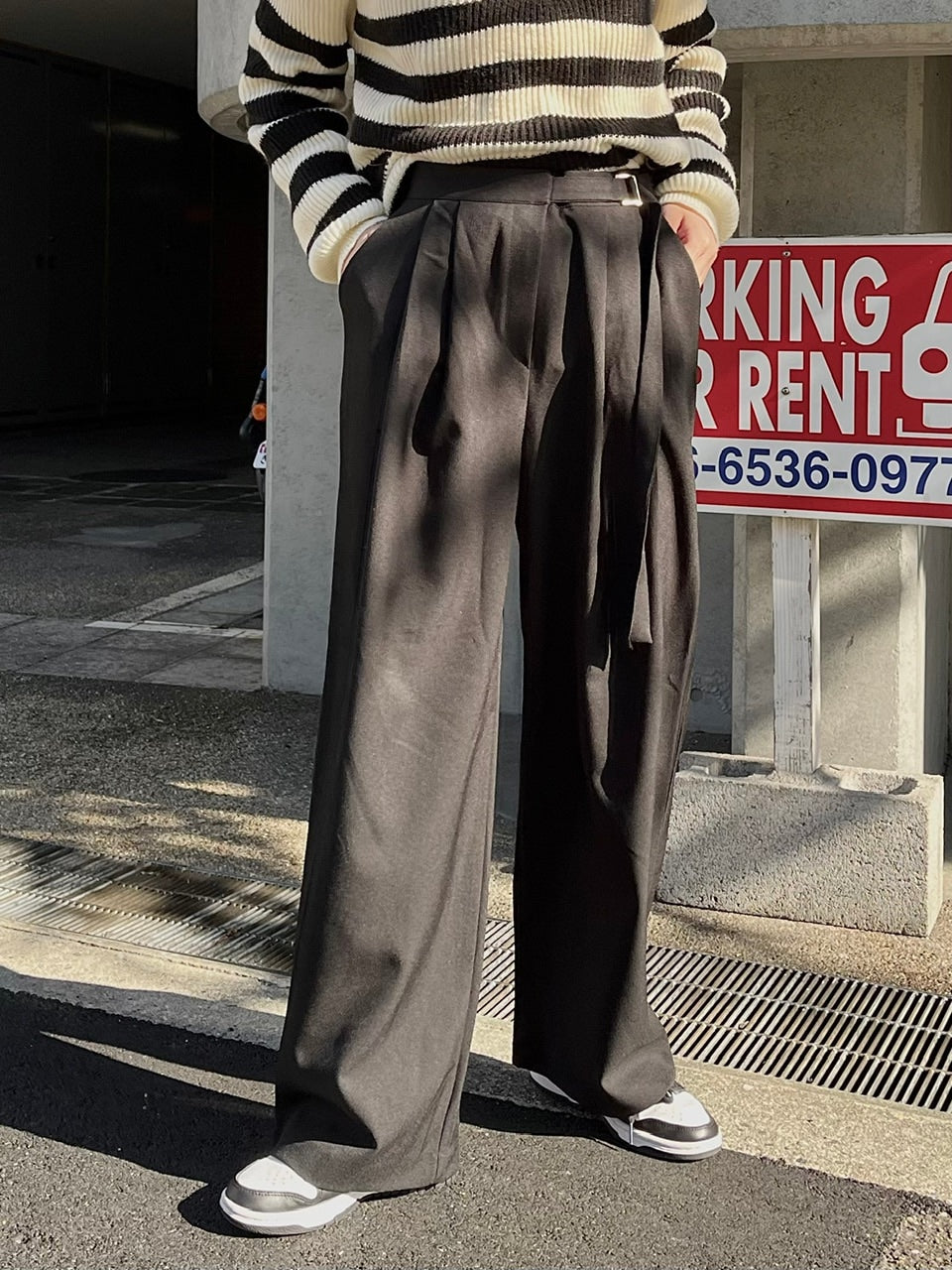 【Chikashitsu +】waist belt tuck slacks (3color)