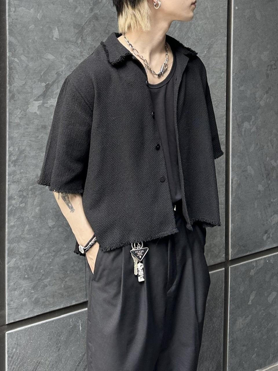 大阪店WEB限定受注制【Chikashitsu +】tweed cropped shirt (2color)