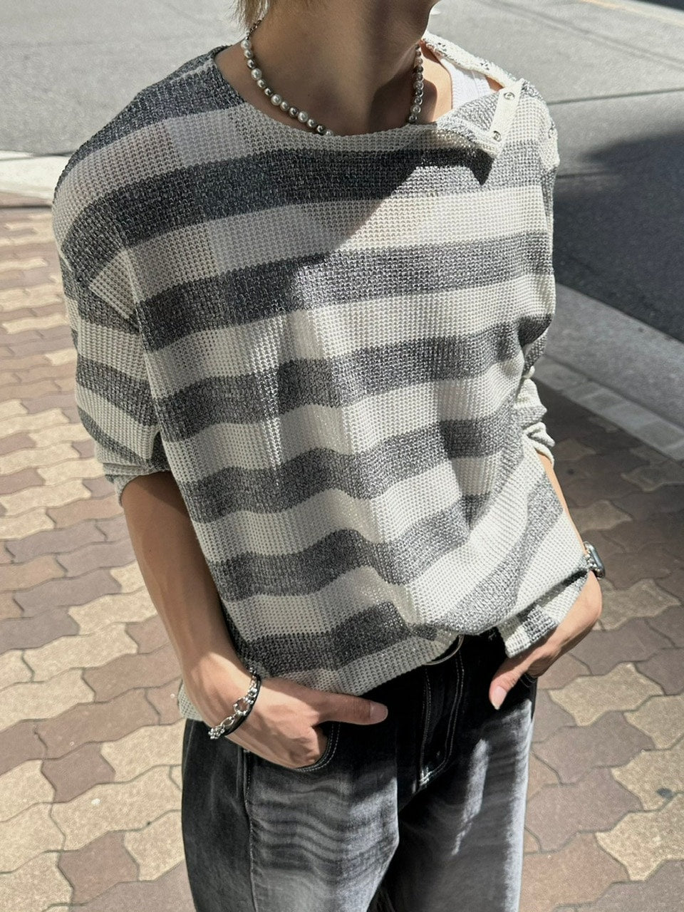 大阪店WEB限定受注制【Chikashitsu +】shoulder snap border knit (2color)