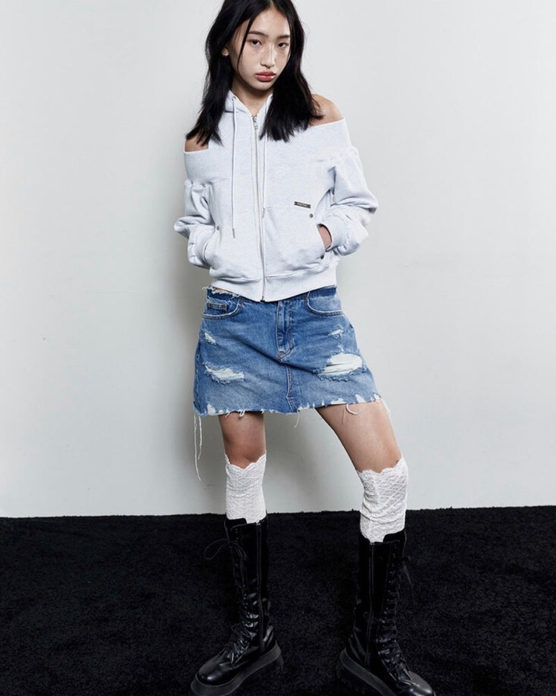 【NOT KNOWING】Open Shoulder Zip Up Hoodie / 【ノットノーイング】オープンショルダージップアップパーカー