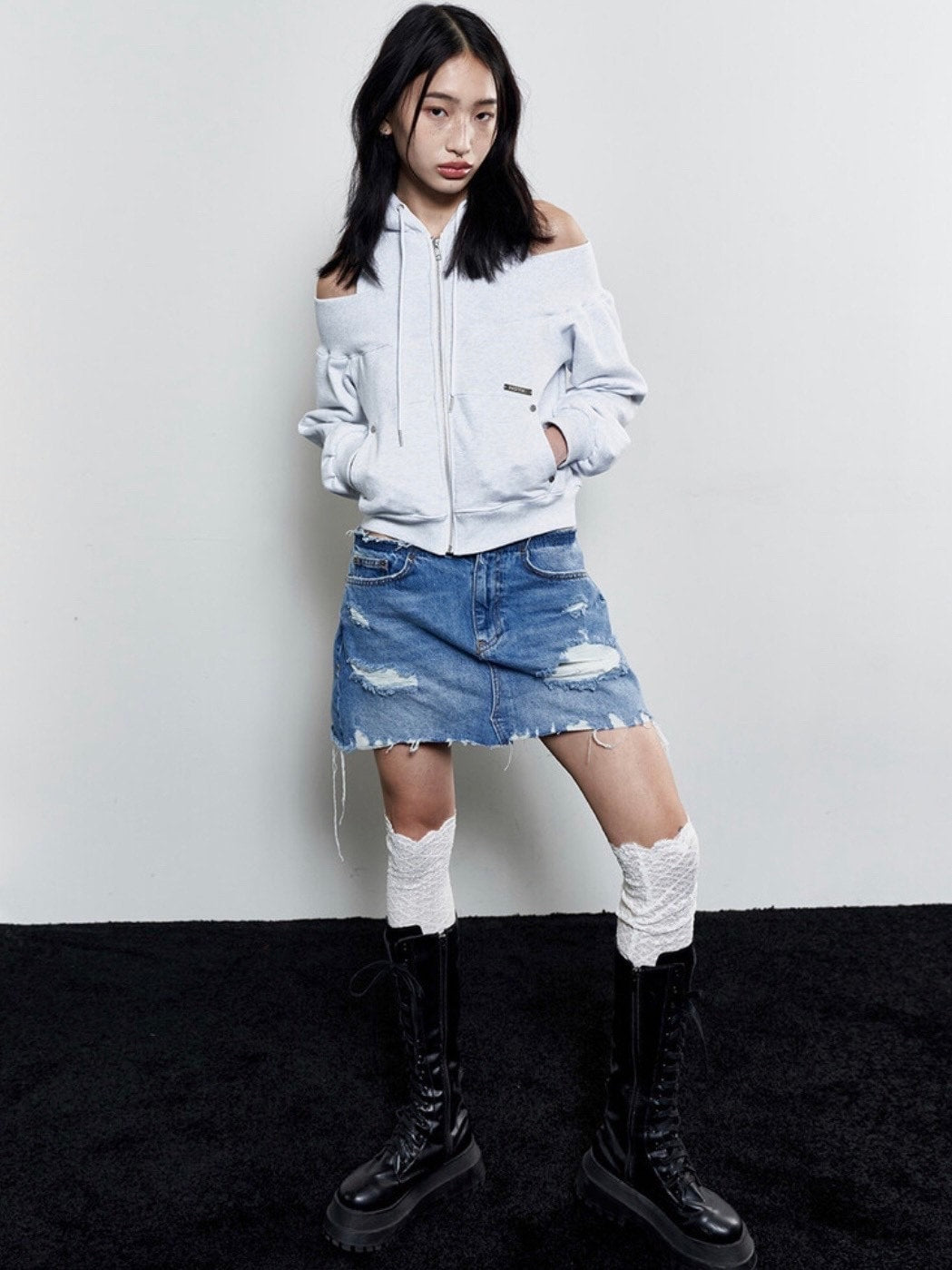 【NOT KNOWING】Open Shoulder Zip Up Hoodie / 【ノットノーイング】オープンショルダージップアップパーカー