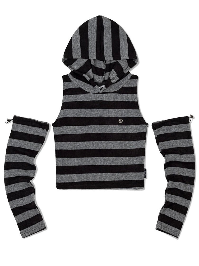 【Uglyshadow】STRIPED HOODED KNIT VEST WARMER SET