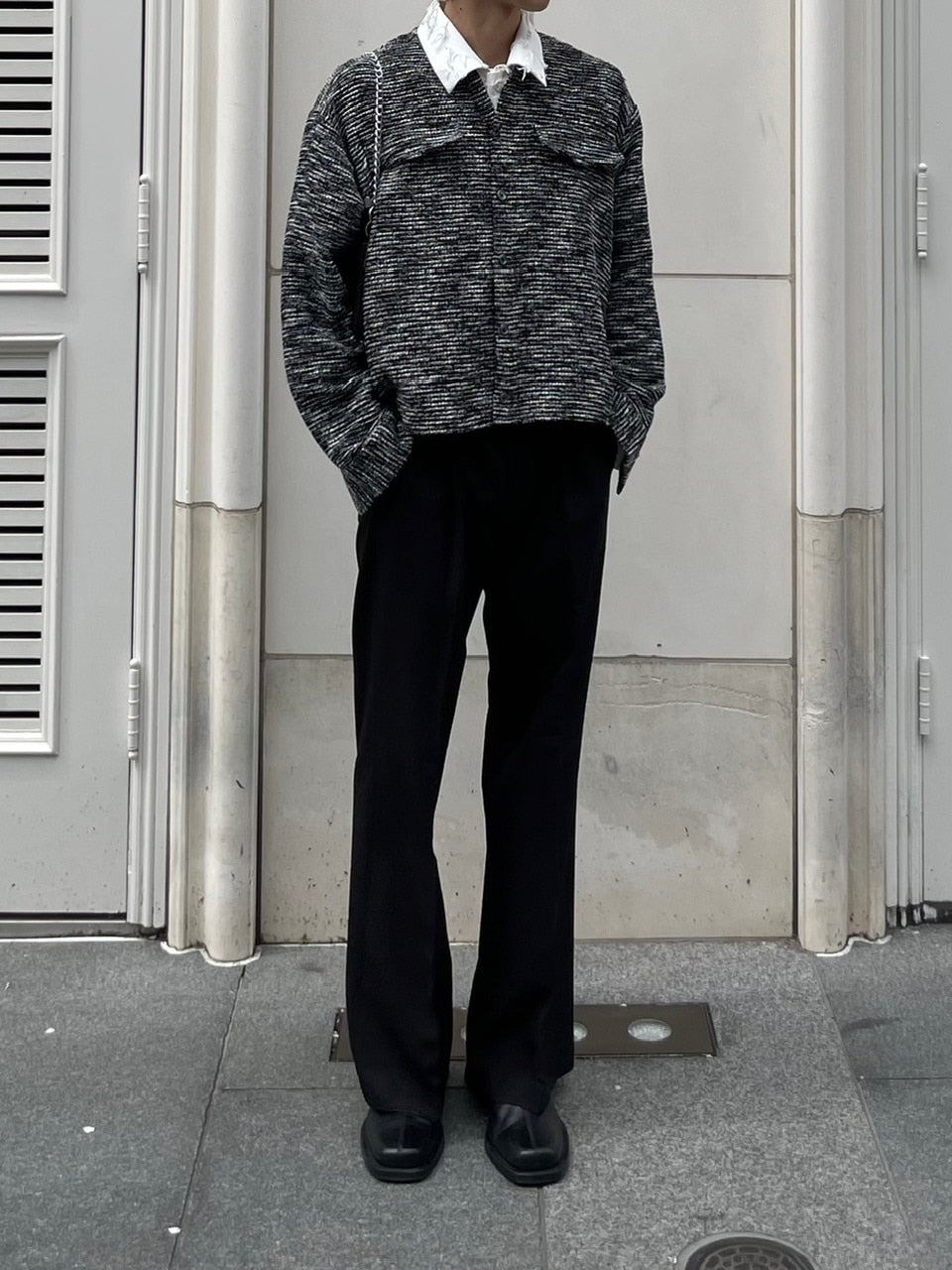 受注制【Chikashitsu +】no collar light tweed shirt (2color)