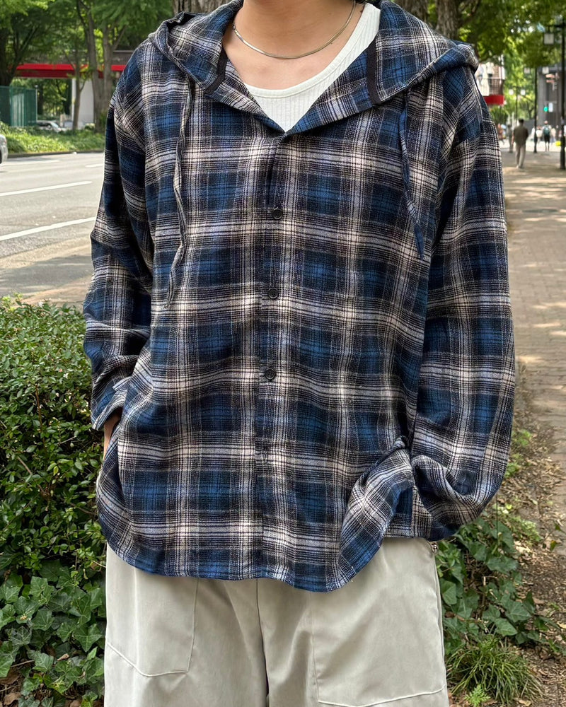 受注制【Chikashitsu +】glen check hooded shirt (2color) / 【チカシツプラス】グレンチェックフード長袖シャツ