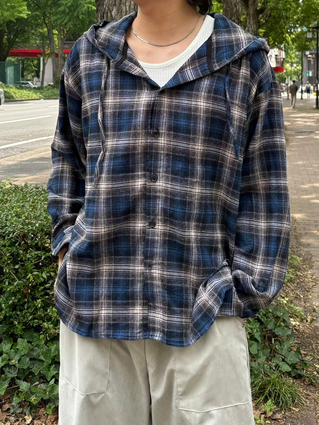 受注制【Chikashitsu +】glen check hooded shirt (2color) / 【チカシツプラス】グレンチェックフード長袖シャツ