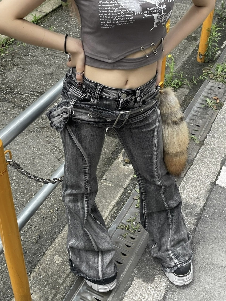 国際配送【Never mind the XU】belt flare denim pants 2 (2color)