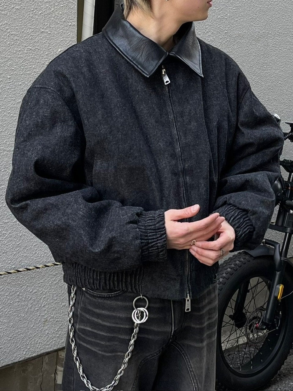 大阪店WEB限定【Chikashitsu +】cropped leather collar denim jacket