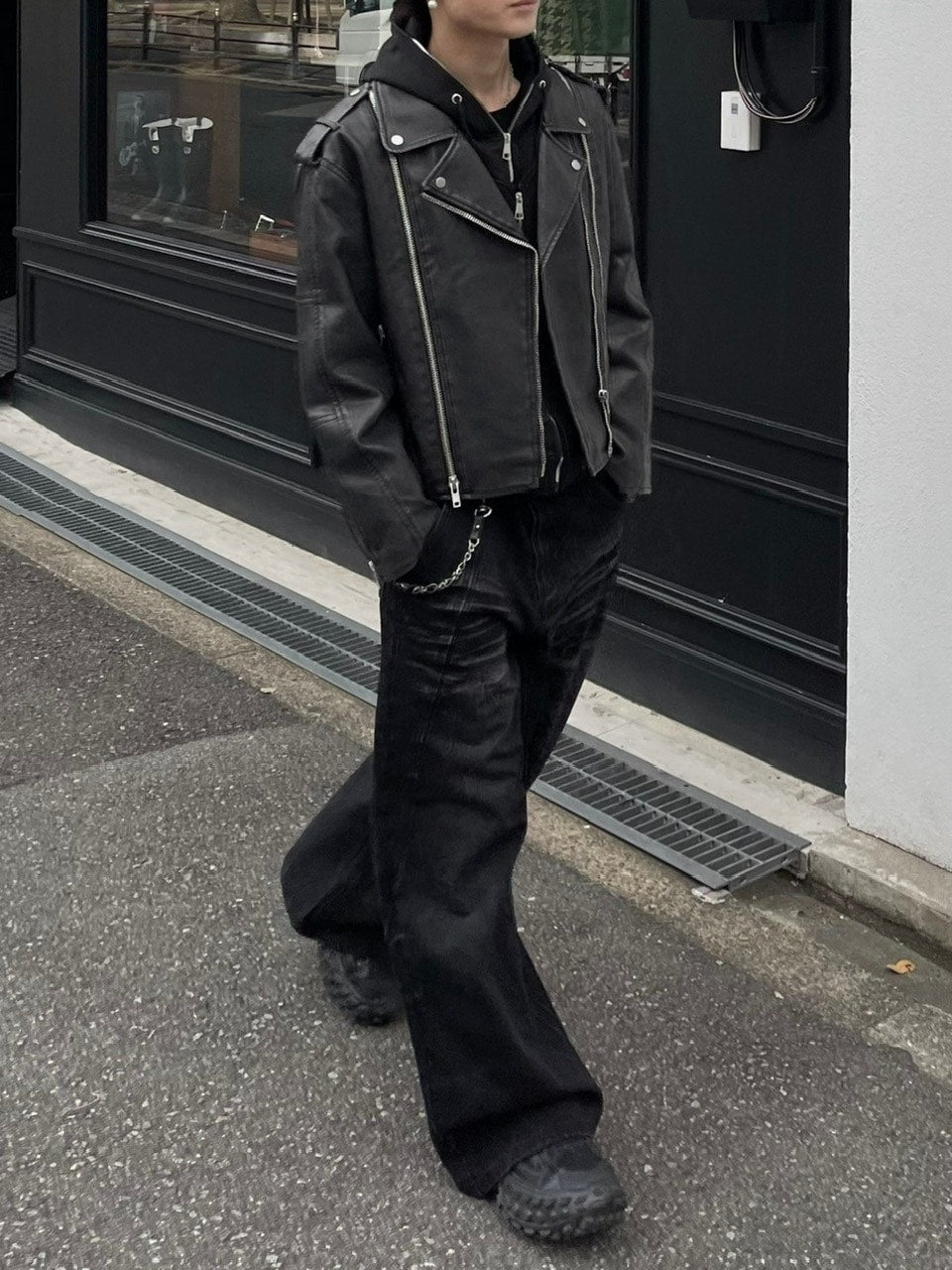 受注制【Chikashitsu +】aging wash cropped riders jacket