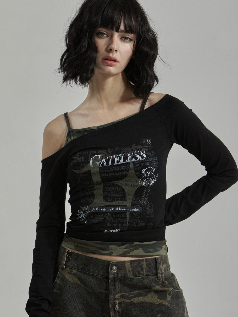 【GATELESS】CAMOUFLAGE LAYERED ONE SHOULDER T-SHIRT