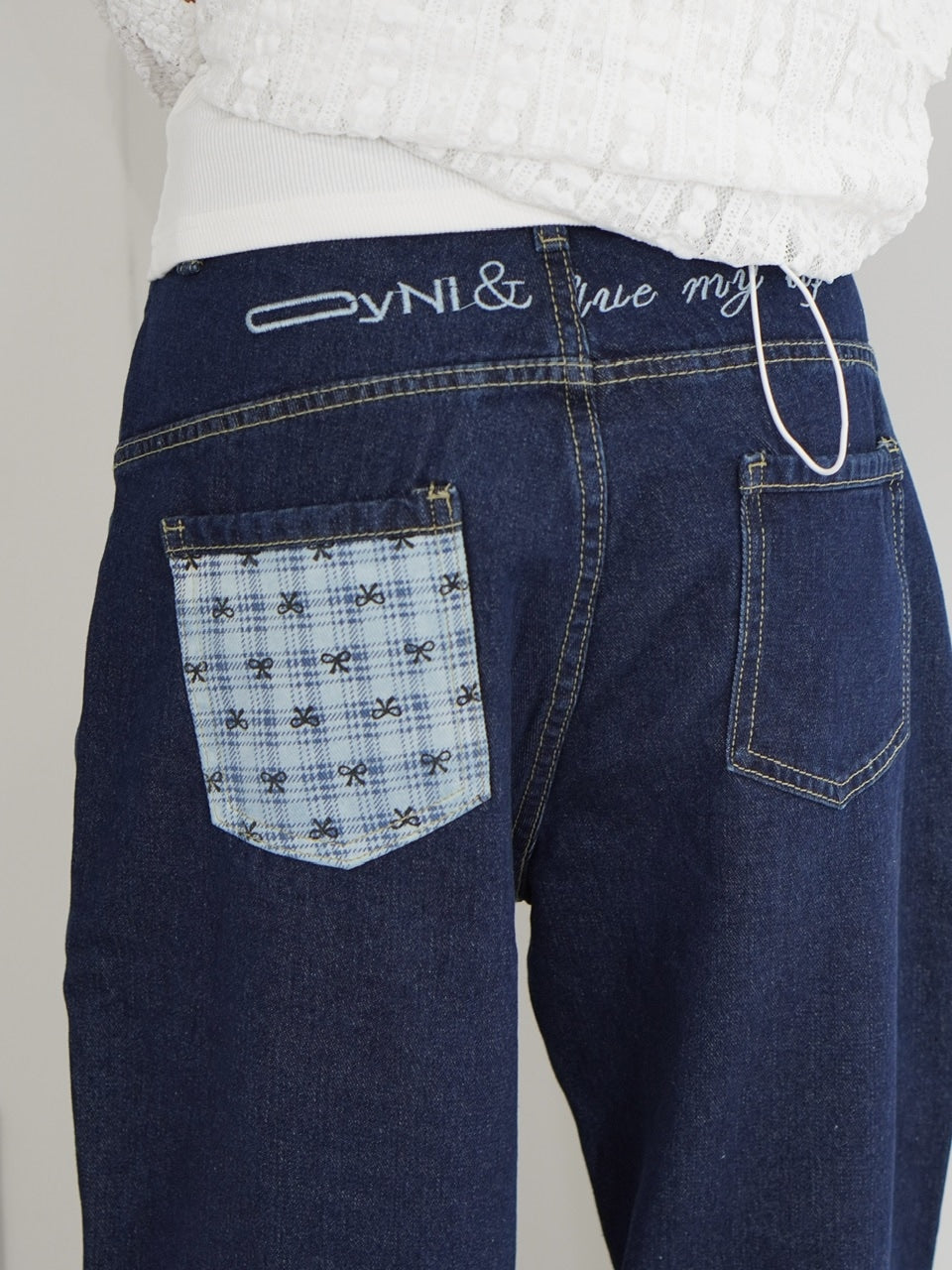 国際配送【Nerd out XU】design check wide denim pants