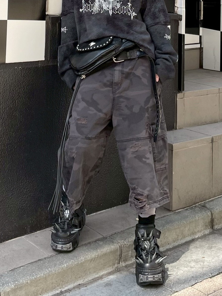 【Never mind the XU】camouflage damage half pants (2color) / 【ネバーマインドザエックスユー】カモフラージュダメージデニムハーフパンツ